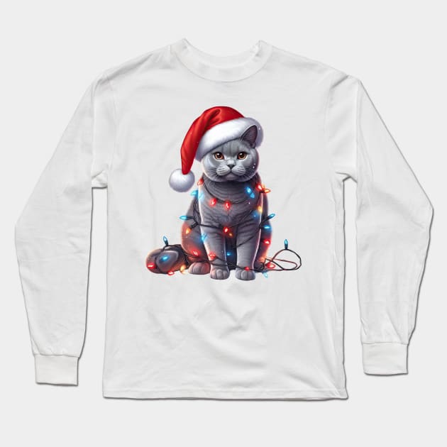 Christmas Chartreux Cat Long Sleeve T-Shirt by Chromatic Fusion Studio